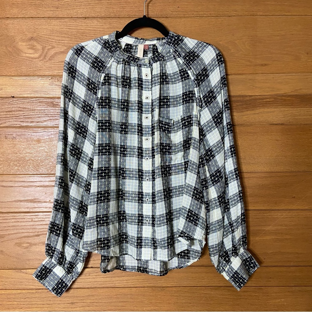 Pilcro Anthropologie Breezy plaid shirt black and white embroidered shirt - Picture 2 of 6